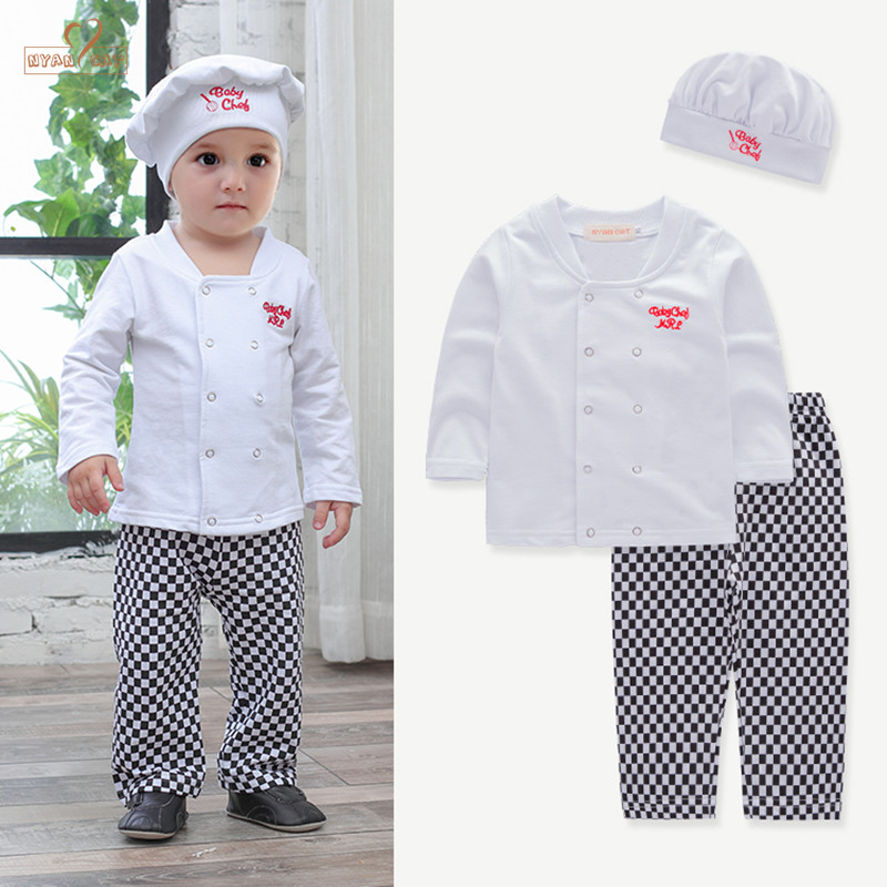 

Baby boys sets cotton white shirt+plaid pants+hat chef play suit long sleeves toddler kids clothes outfit costume