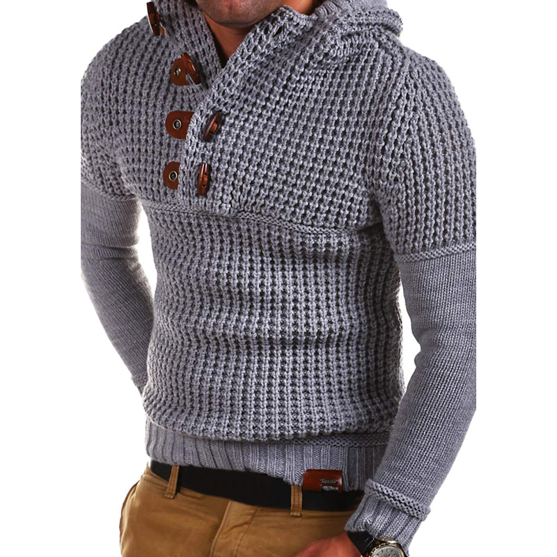 

Men Sweater Wool Top Autumn Winter Hooded Sweater Buckle Hollow Out Pullovers Solid Nylon Coat, Dark grey