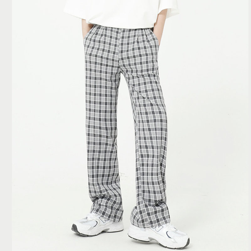 

New Male Japan Korea Streetwear Hip Hop Vintage Fashion Long Trousers Suit Pants Men Casual Plaid Straight Pant, 3301 gray