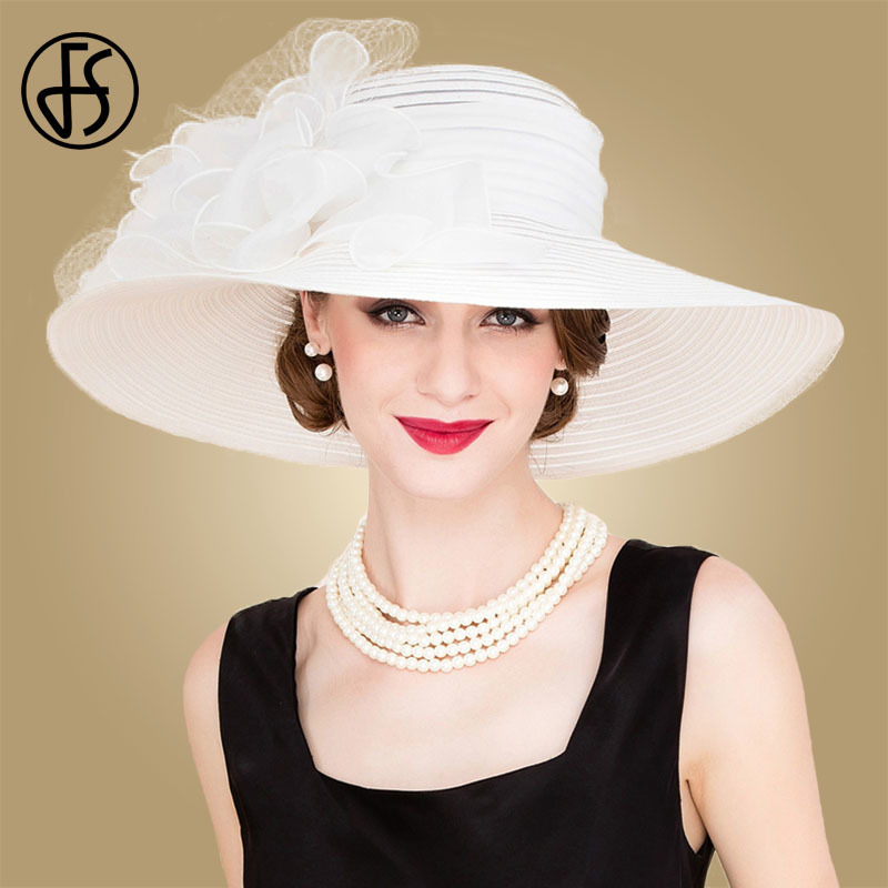 

FS Black White Elegant Women Church Hats For Ladies Summer Flowers Large Brim Organza Hat Beach Sun Kentucky Derby Hat Fedora Y200619