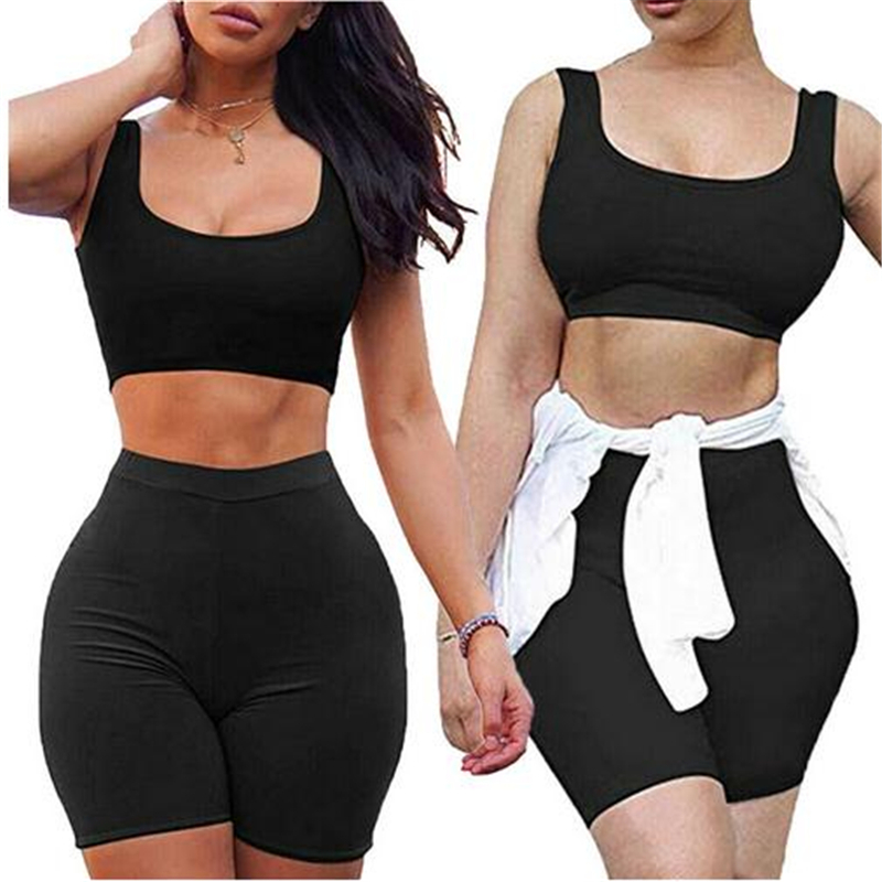 

Women' Yoga Sportwear Tracksuit Two-Pieces Suit 2020Summer Casual Sexy Crop Tank Tops Shorts Set For Females Skinny Short Set