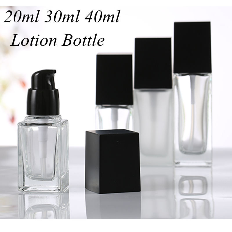 

1PC 20ml 30ml 40ml Clear Square Glass Bottle with Black Pump for Lotion Essential Oli Moisturizer Facial Water Liquid Cream