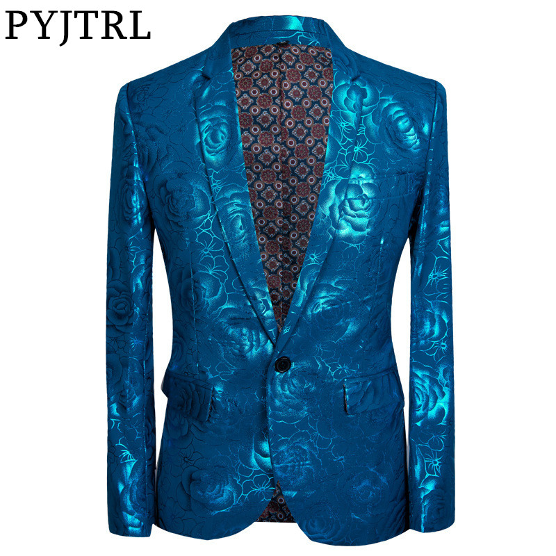 

PYJTRL Tide Men Gilding Shiny Blue Rose Pattern Casual Slim Fit Suit Jacket Hip Hop DJ Night Club Singers Blazer Stage Wear