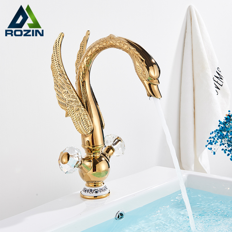 

Rozin Luxury Golden Basin Faucet Golden Swan Shape Bathroom Faucet Soild Brass Deck Mount Hot Cold Water Dual handle Mixer Tap