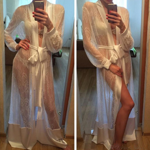 

Sexy Long Silk Bath Robe Kimono Babydoll Maxi Dress Women Nightgown Lace Up See Through Lingerie Nightdress, Black