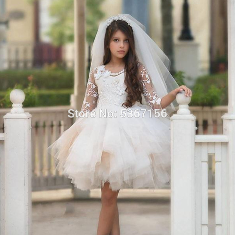 

Short Flower Girl Dresses For Wedding Knee Length Jewel Lace Applique Girls Pageant Dresses With Half Sleeve Beaded Sash, White