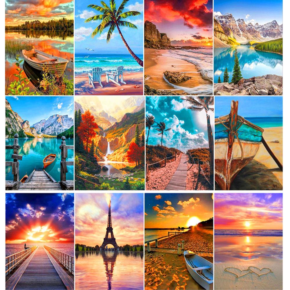 

Full Diamond Scenery Diamond Embroidery Kit 5D DIY Diamond Painting Lake Sunshine Boat Landscape Mosaic Home Decoration Gift