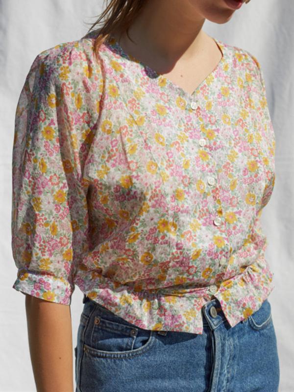

2020 New Retro Floral Women Blouse Early Autumn Ruffles Trim Slim Waist Female Single-breasted Shirt And Top, A green