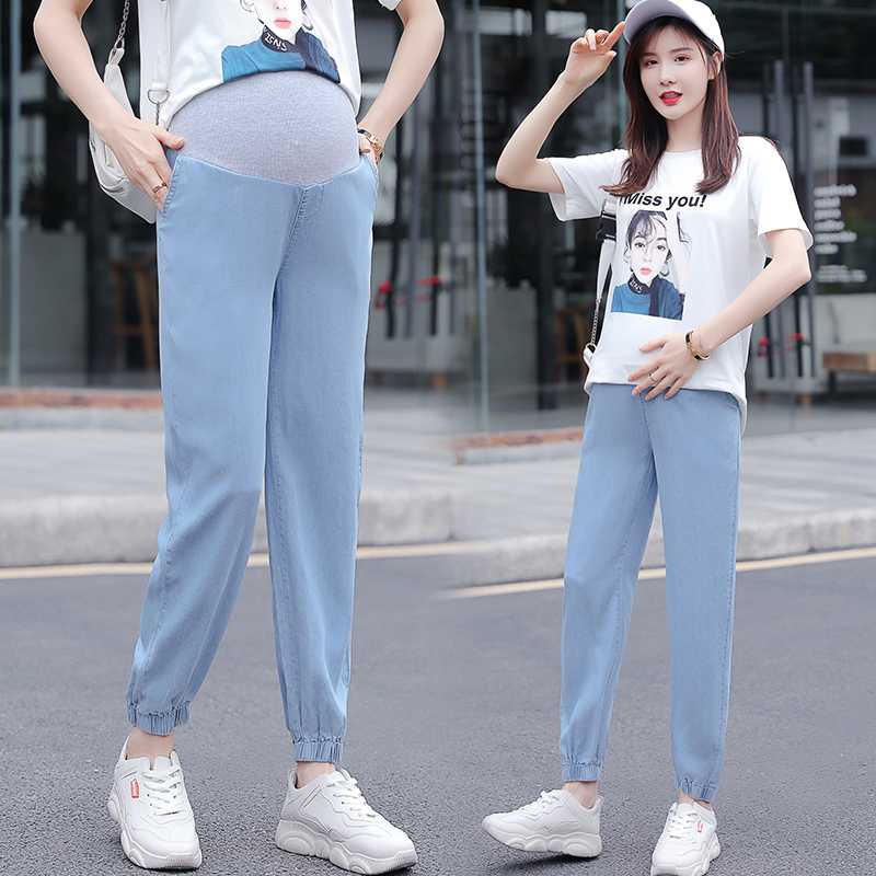 

1115# Summer Thin Tencel Denim Maternity Jeans High Waist Belly Pants Clothes for Pregnant Women Casual Pregnancy Harem Trousers, Blue
