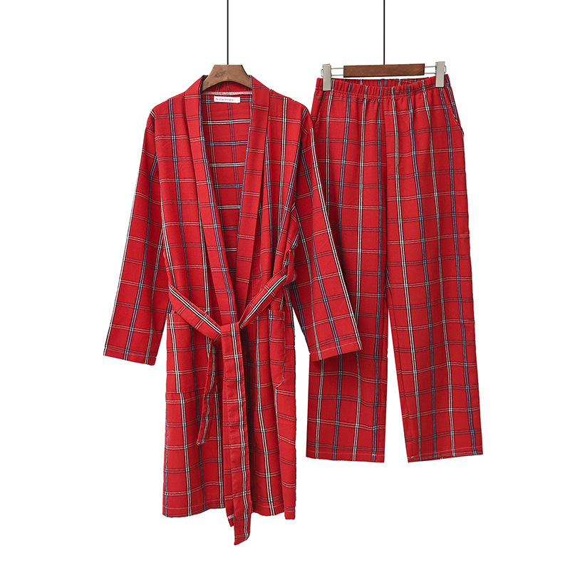 

Spring Autumn Korean Pajamas Bathrobe Women V-Neck Cotton Long-Sleeved Large Plaid Nightgown Two-Piece Striped Sleepwear Suit, Red