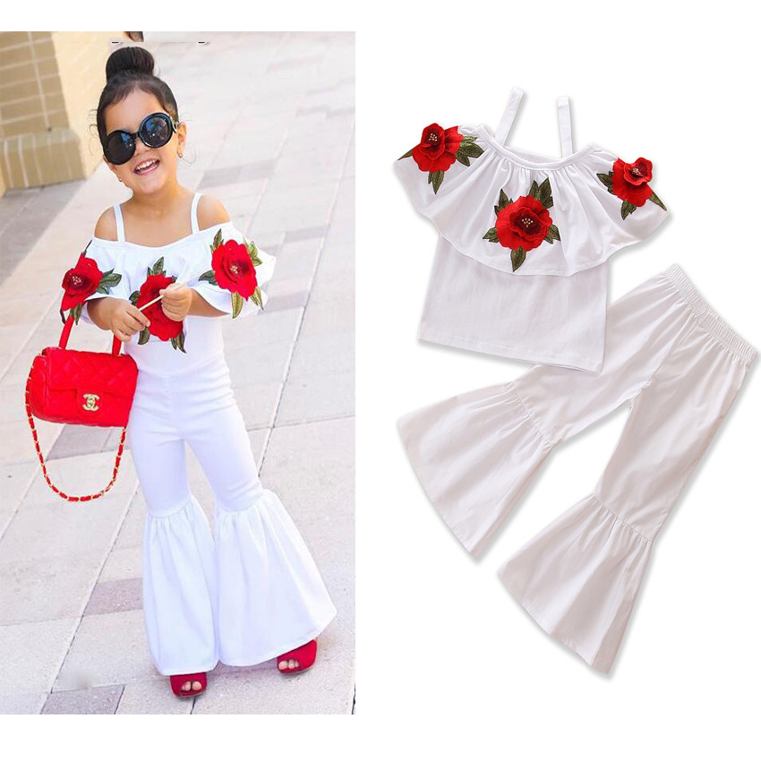 

new 2pcs set childrens clothing baby girls fashion suit rose top flared pants childrens clothing girl set kids clothes 110 years a, White