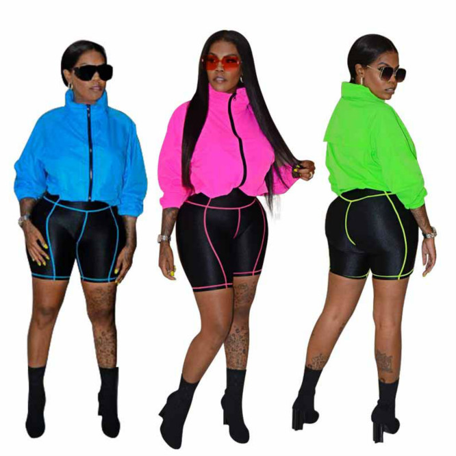 

Women Suit Womens Sports Suits Contrast Stitching Sportswear Girls Designer Two-pieces Solid Color Sexy Sets Long Sleeve Tops+ Shorts, Blue