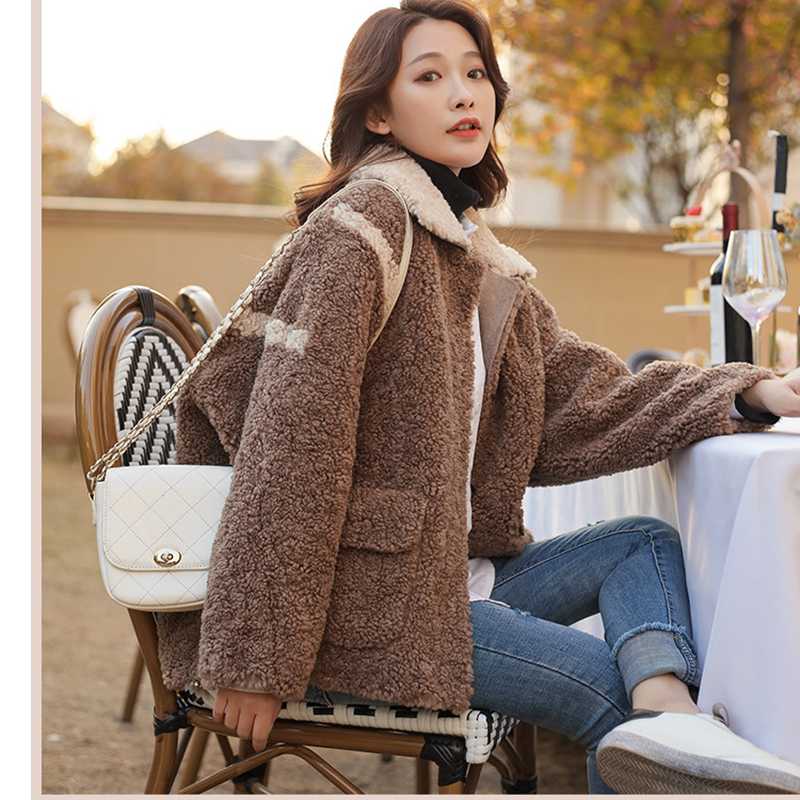 

2020 winter new European and American sheep shearling coat mid-length lamb wool loose and comfortable women's jacket all-match, Brown