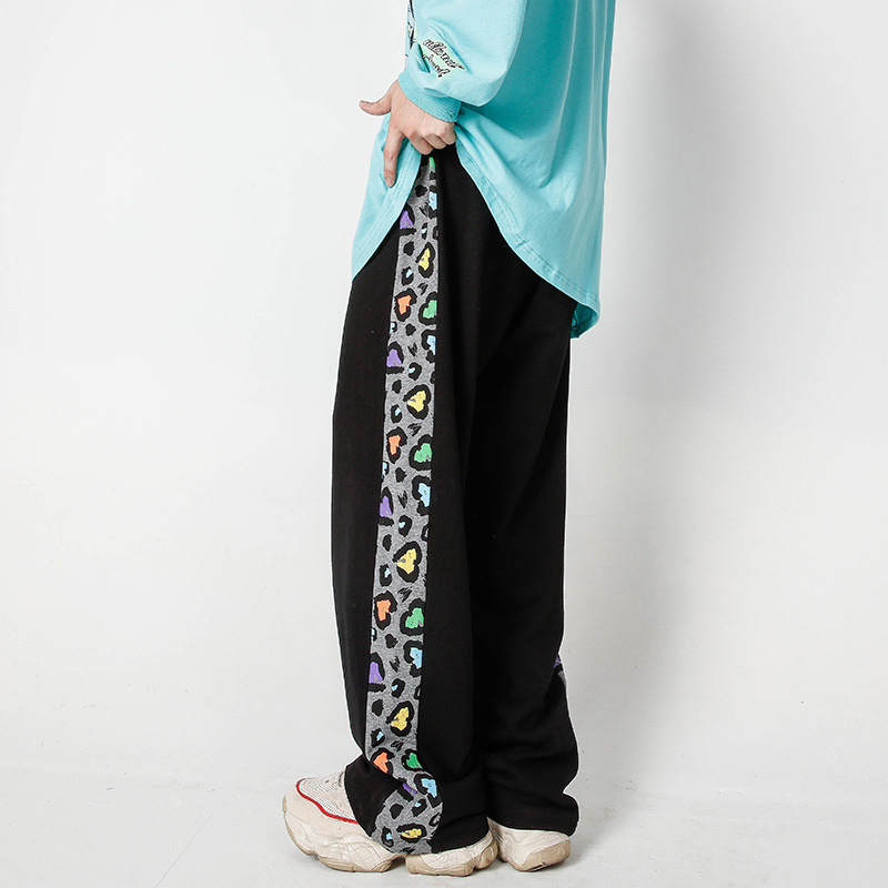 

Men Side Leopard Splice Loose Casual Straight Pant Male Women Streetwear Hip Hop Wide Leg Trousers Jogger Sweatpants Pants, Black