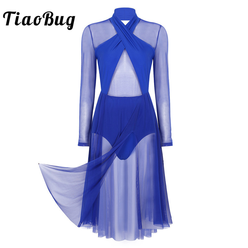 

TiaoBug Women Halter Long Sleeve See Through Sheer Mesh Gymnastics Leotard Ballet Dress Adult Contemporary Lyrical Dance Costume, Black