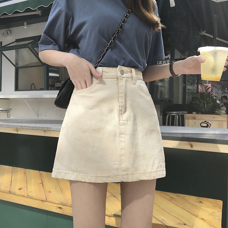 

New Fashion Skirts Womens new Denim Skirt Summer Lady Leisure Pure Color High Waist Skirt hot sale 2020, Beige
