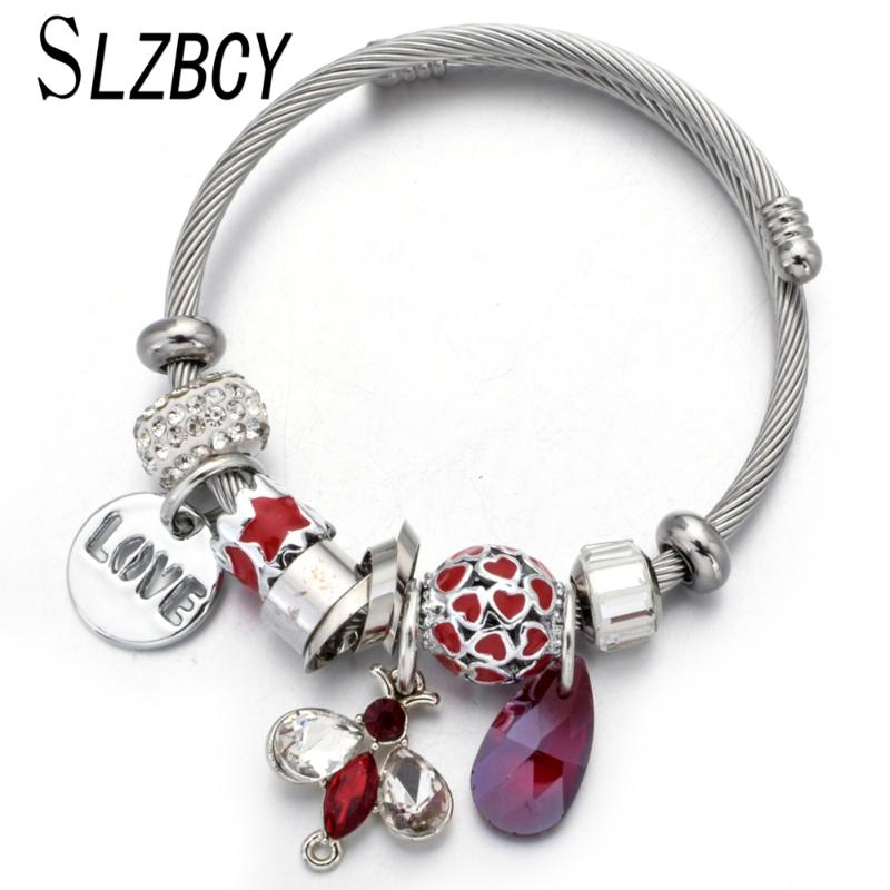 

Fashion Crystal Animal Charm Silver Color Bracelets Bangle Love Pendant Beads Stainless Steel Bracelet for Women Jewelry Gift