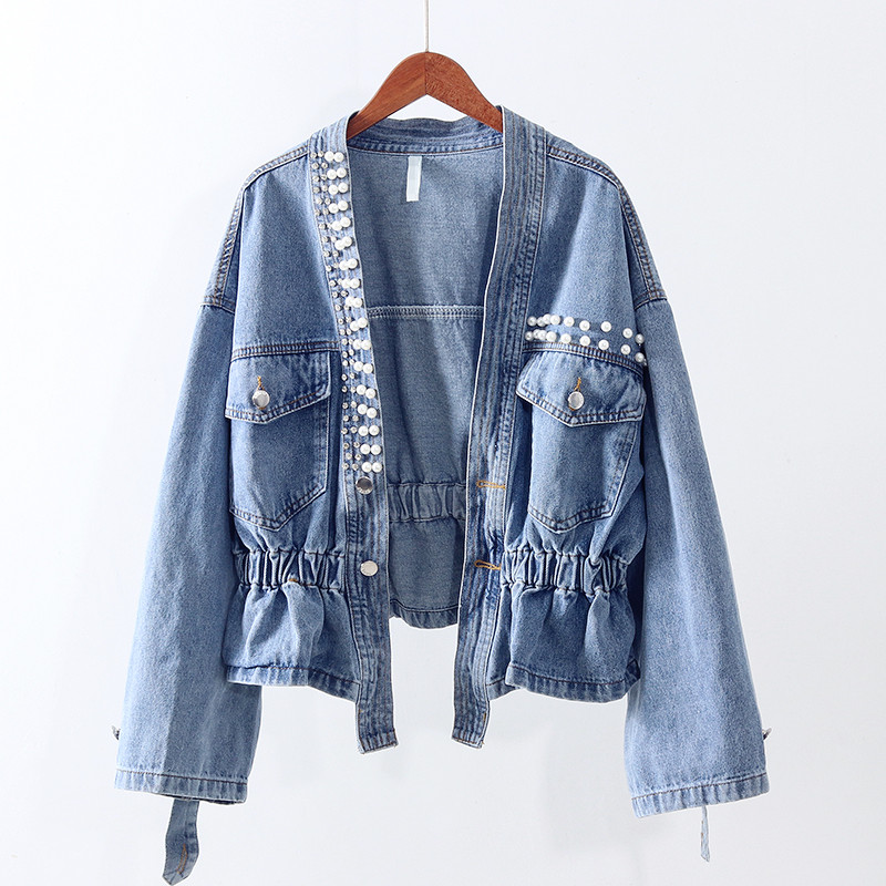 

Fashion Elastic Waist Blue Denim Jacket Women Outerwear Autumn Loose Diamonds Beading Jeans Jacket Coat Female Chaquetas Mujer