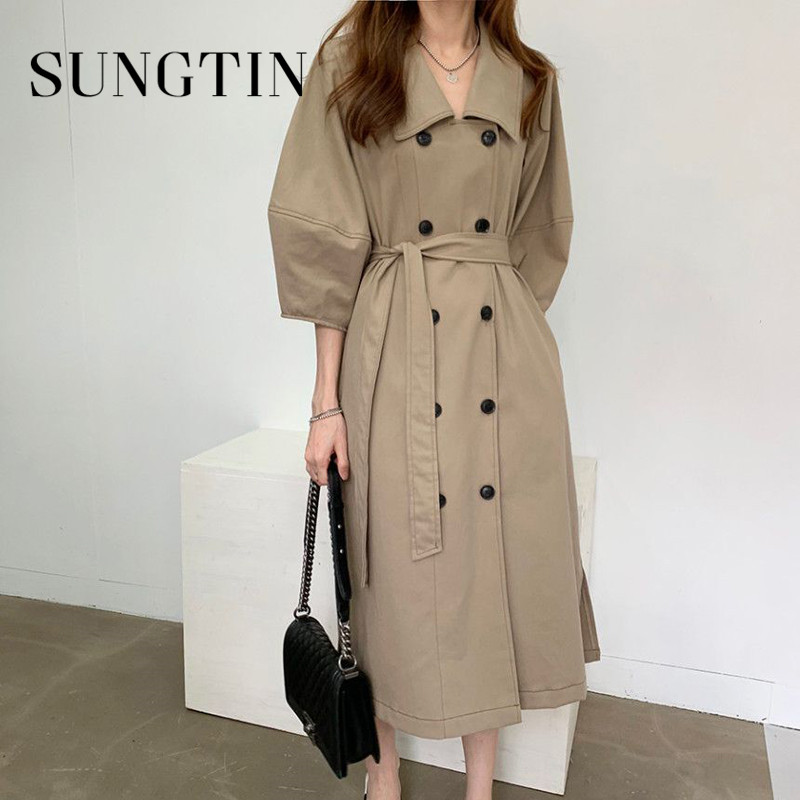 

Sungtin Sashes Classic Long Trench Coat for Women Windbreaker Casual Solid Outwear Fashion Double Breasted Automn Coat with Belt, Khaki