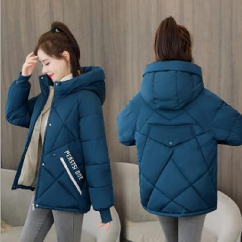 

Wholesale fashion women' autumn and winter loose hooded short printed cotton jacket, Blue