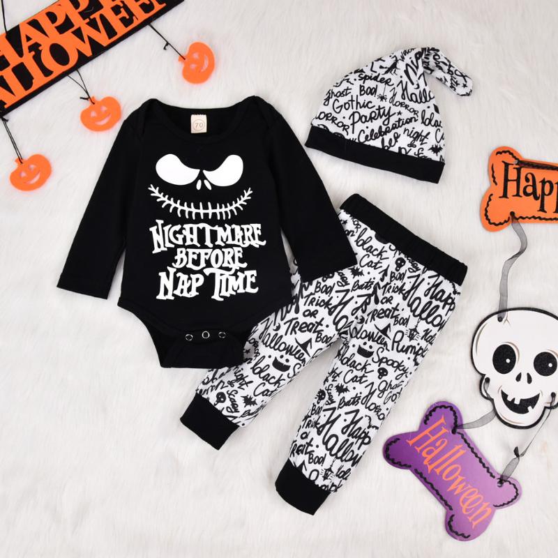 

Newborn Baby Girl Clothes Infant Baby Boys Girls Letter Romper Pants Hat Halloween Children's Outfits Set Halloween Costume, Black