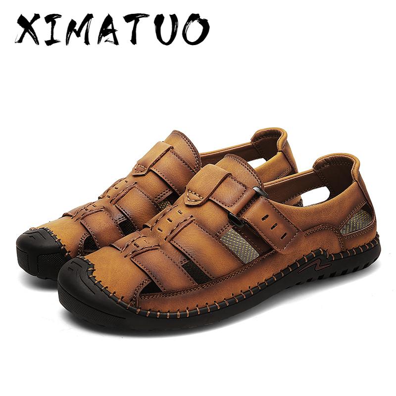 

New Summer Mens Casual Shoes Leather Sandals for Man Outdoor Close Toe Beach Sandals Flat Comfortable Male Breathable Sneakers, Black