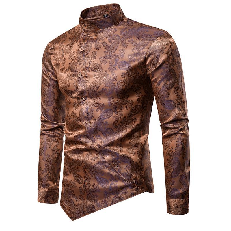 

Irregular Lap Mens Office Shirts Long Sleeve Paisley Silk Men Shirts Fashion Stand Collar Light Weight Dress Tuxedo Shirt Male, Silver tuxedo shirt
