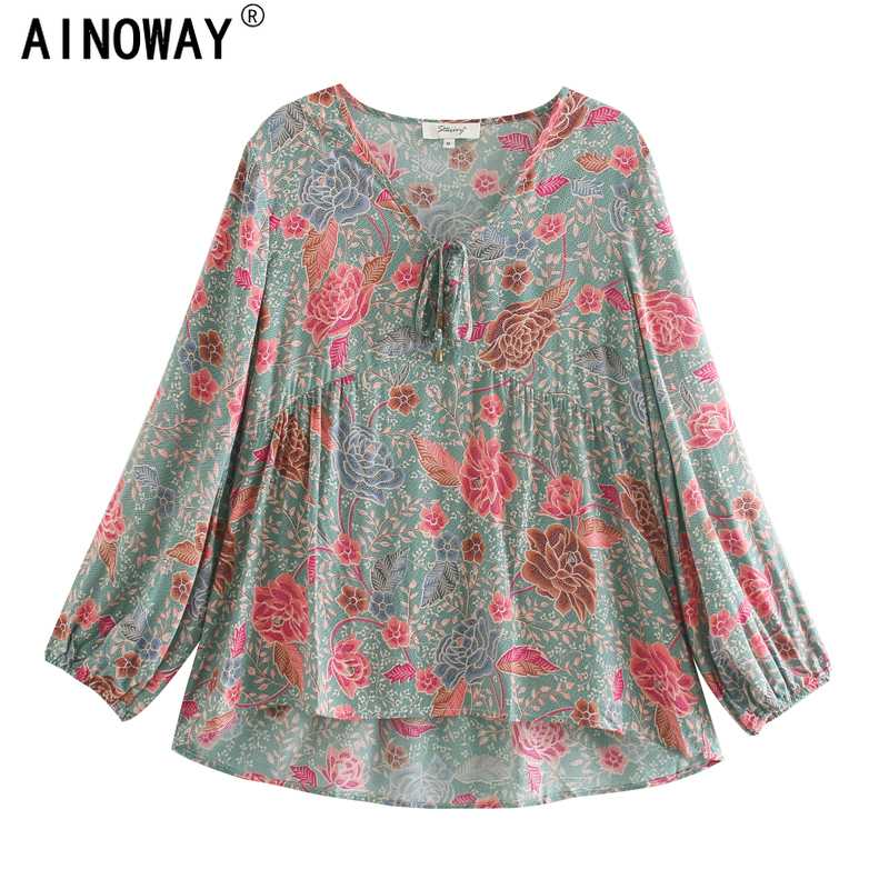 

Vintage chic women rayon beach floral print bohemian blouse shirt ladies v-neck puff sleeve lace-up loose tops Boho shirts, Green