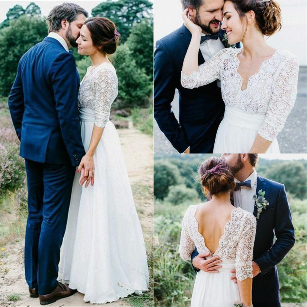 

2020 Boho A-Line Beach Wedding Dresses Backless Long Sleeves A Line Chiffon Lace Bridal Wedding Gowns, Champagne