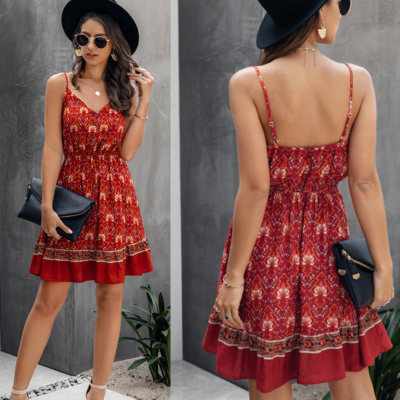 

New Lossky Summer Women Dress Buttons Cotton Mini Sundress Fashion Sexy Short Backless Slip Elastic Waist Sleeveless Dresses, 0185 red