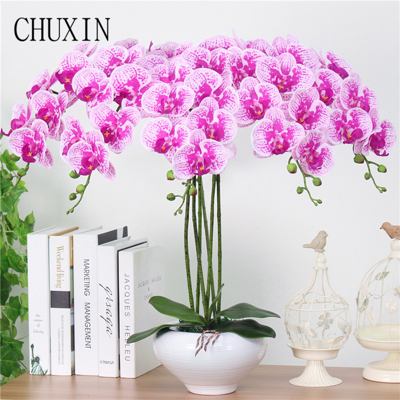 

Artificial flower PU 9 head Real touch phalaenopsis home desktop decoration orchid fake flower wedding scene layout Prop 95cm, Blue