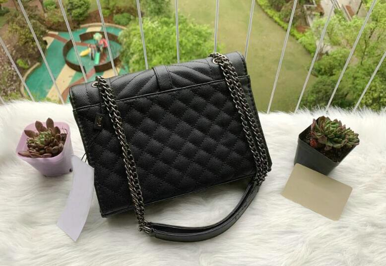 

Women Double Chain Shoulder Belt Shoulder Bags Leather Lozenge Handbags Metal Leather Chain Portable Bag Diagonal Bags YLS2214, Black chain