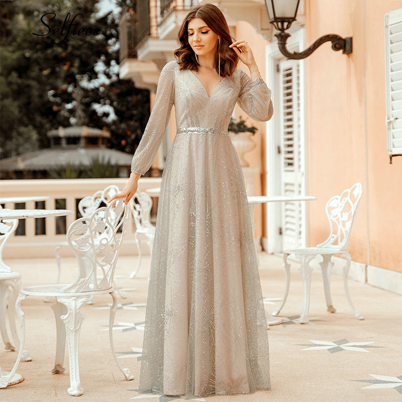 

Elegant Sequined Maxi Dress For Women A-Line V-Neck Tulle Full Sleeve See-through Sparkle Ladies Dress Vestidos De Mujer 2020, Grey