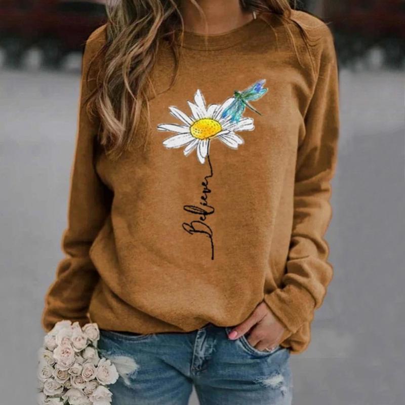 

Women' Long Sleeve T-shirt Hoodie Flower Print Pullovers New Casual Loose Streetwear Autumn O-neck Running Yoga Tops, Brown