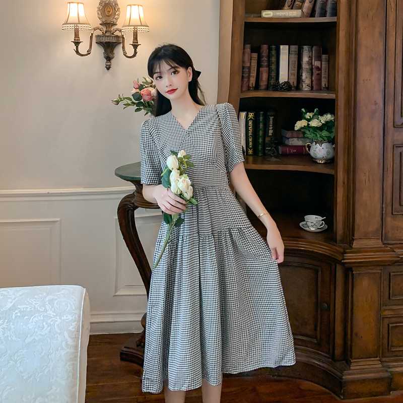 

8065# Maternity Dress Summer Cotton Plaid Color Blcok Short Sleeve Loose Stylish Dress for Pregnant Women Mom, Black