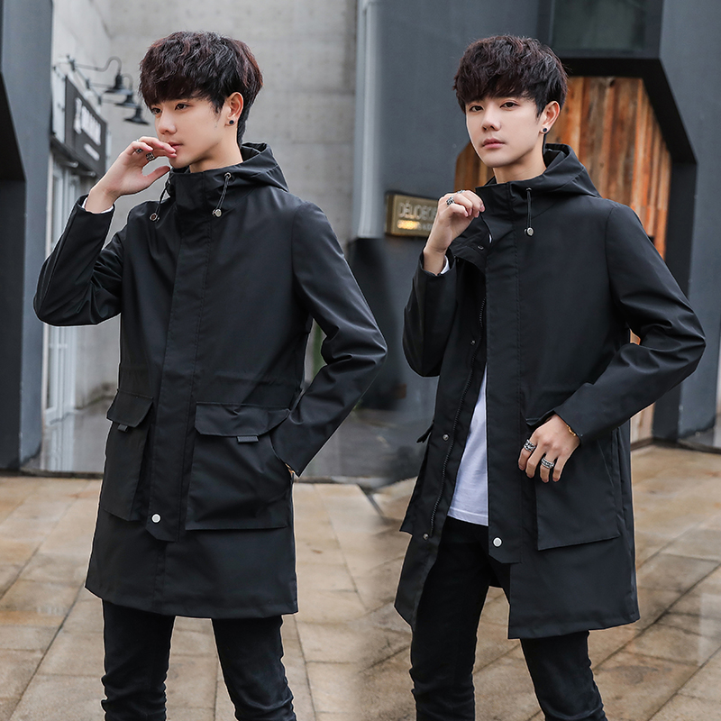 

Spring Fashion Men Coats New Men's Trendy Wild Long Section Hooded Trench Male 2020, Beige