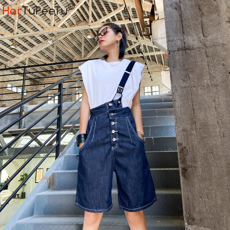 

Knee Length Shorts Jeans Women with Detachable Single PU Strap Denim Shorts High Waist Blue White Plus Size Button Pocket Summer