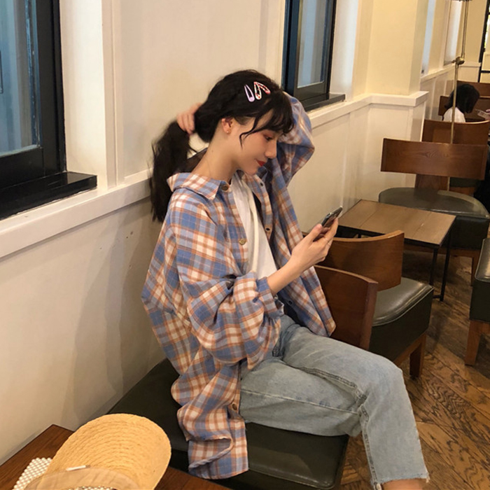 

Cotton Blouse Women's Shirts Loose Plaid Turn-down Collar Female Womens Oversized Pocket Tops and Blouses Autumn, Purple