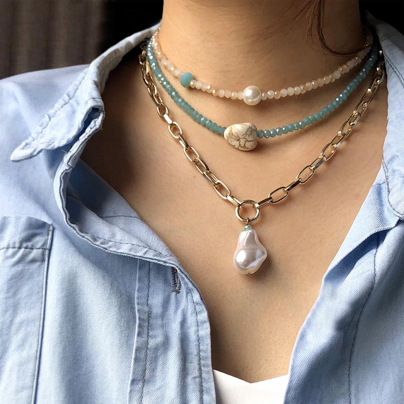 Crystal Beads Multi-layer Necklace Turquoise Pearl Pendant New Choker Collarbone Chain Big Gold Jewelry-image-553980267