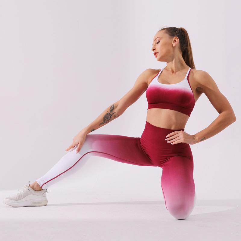 

Advanced gradient yoga suit running sports fitness leggings bra underwear yoga wear tight hip pants set, Green set 2pcs
