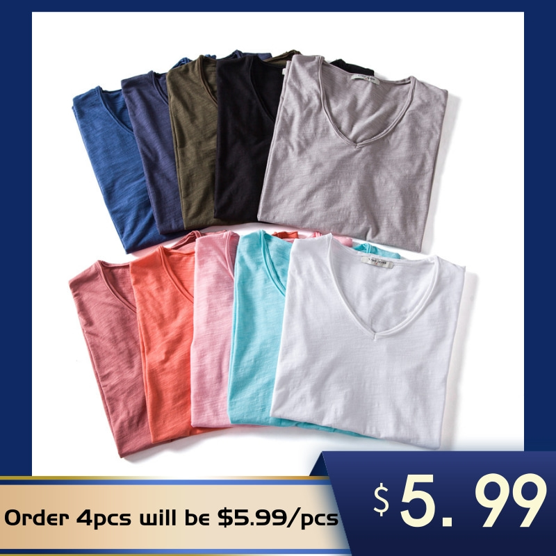 

2020 New Summer 10 Colors V-neck T-shirt Men 100% Combed Cotton Solid Short Sleeve T Shirt Men Fitness Undershirt Male Tops Tees, Army green