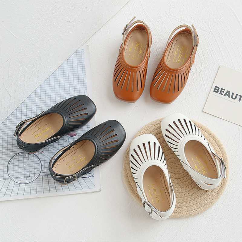 

Kids Shoes for Baby Girls Willow Shape CutOuts in Summer Princess Black Leather Shoes Soft Bottom for Children 2~10 Ages