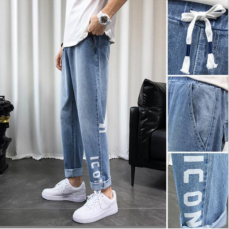 

2020 autumn new men's loose straight jeans blue black Denim trousers print youth casual pants elastic
