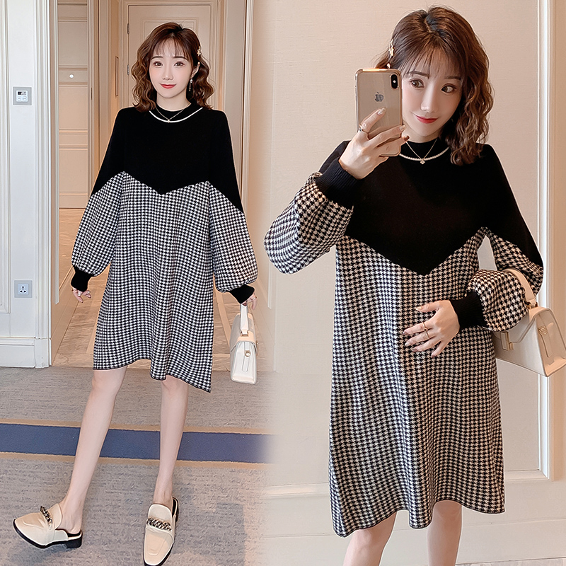 

1961# Autumn Patchwork Maternity Nursing Dress Long Sleeve Loose Breastfeeding Clothes for Pregnant Women Houndstooth Pregnancy, Black