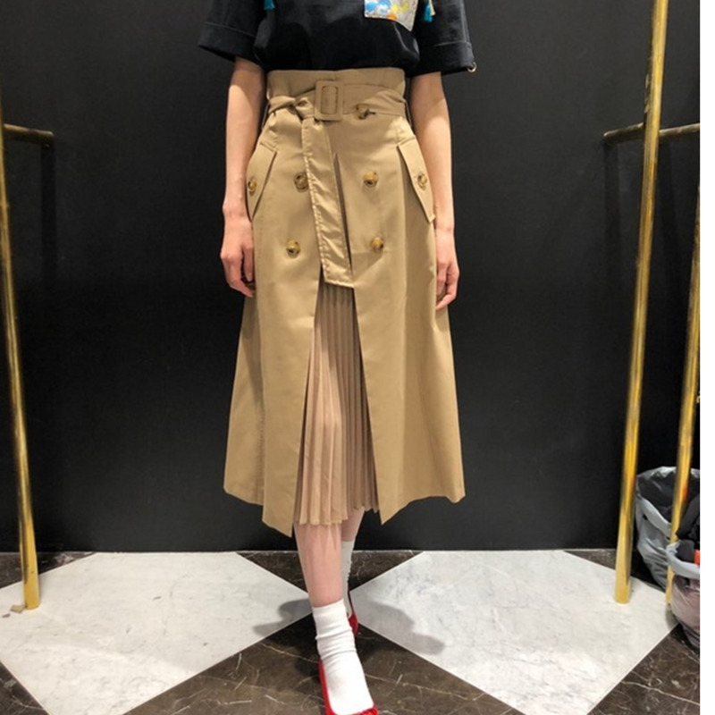 

EWQ] 2020 Summer New Korean Trendy Ladies Bottom Garment Pleated Casual Khaki Skirt High Waist Long Summer Skirts QV692