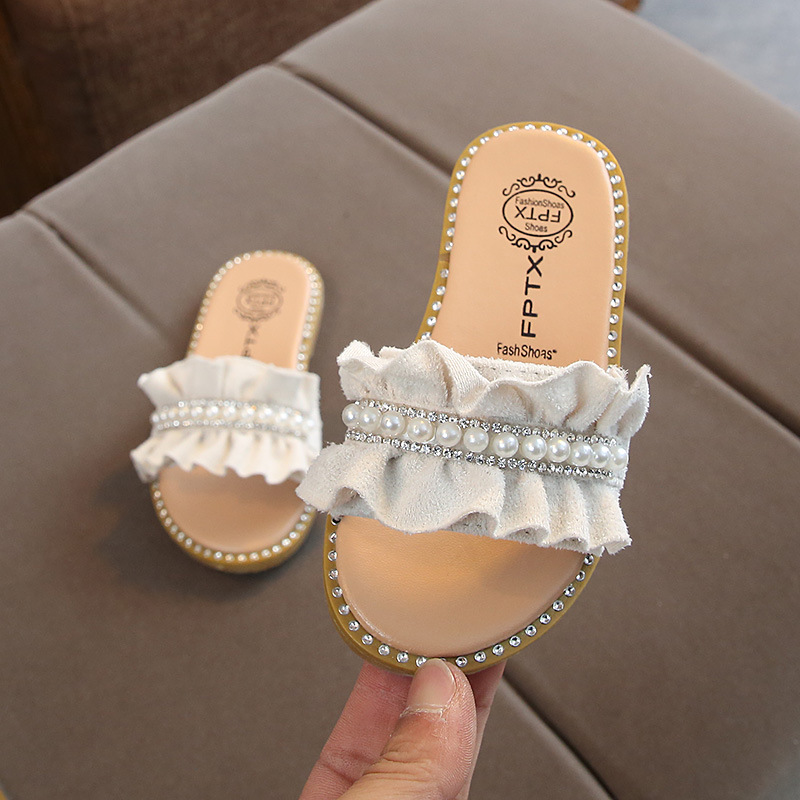 

Kids Slippers For Girls Pearl Sandals Summer Baby Slippers Flat Princess House Flip Flop Children Non-slip Korea Casual Shoes, Beige