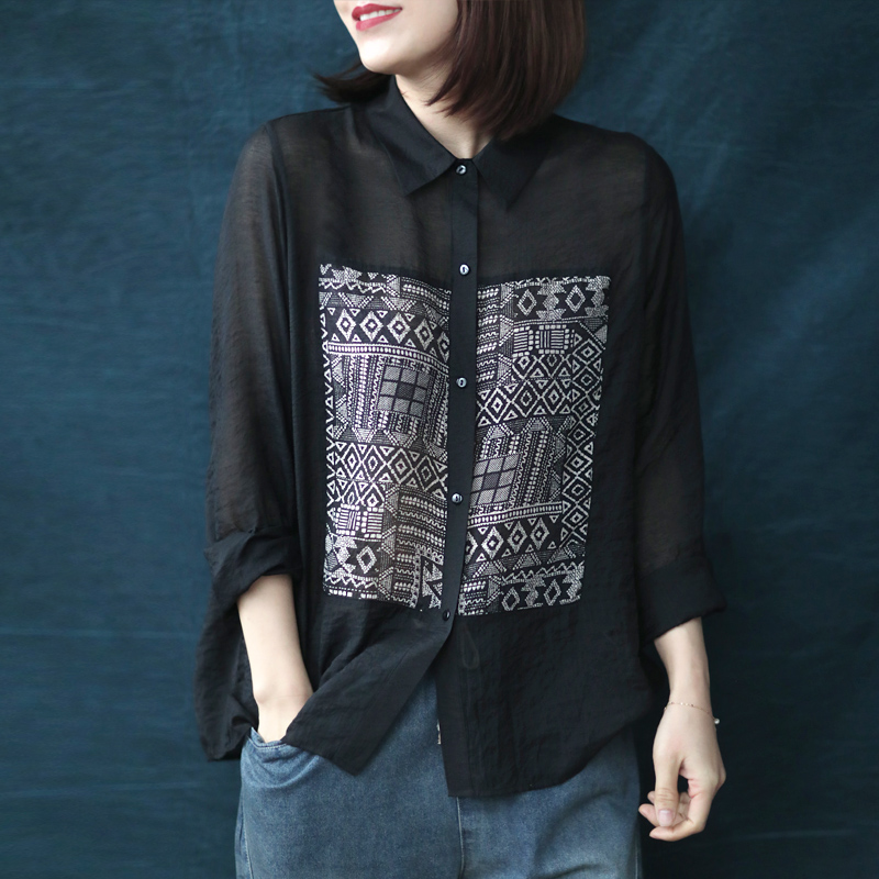 

Johnature Women Black Print Floral Shirts Vintage Blouses 2020 New Patchwork Long Sleeve Turn-down Collar Women Loose Shirts Top