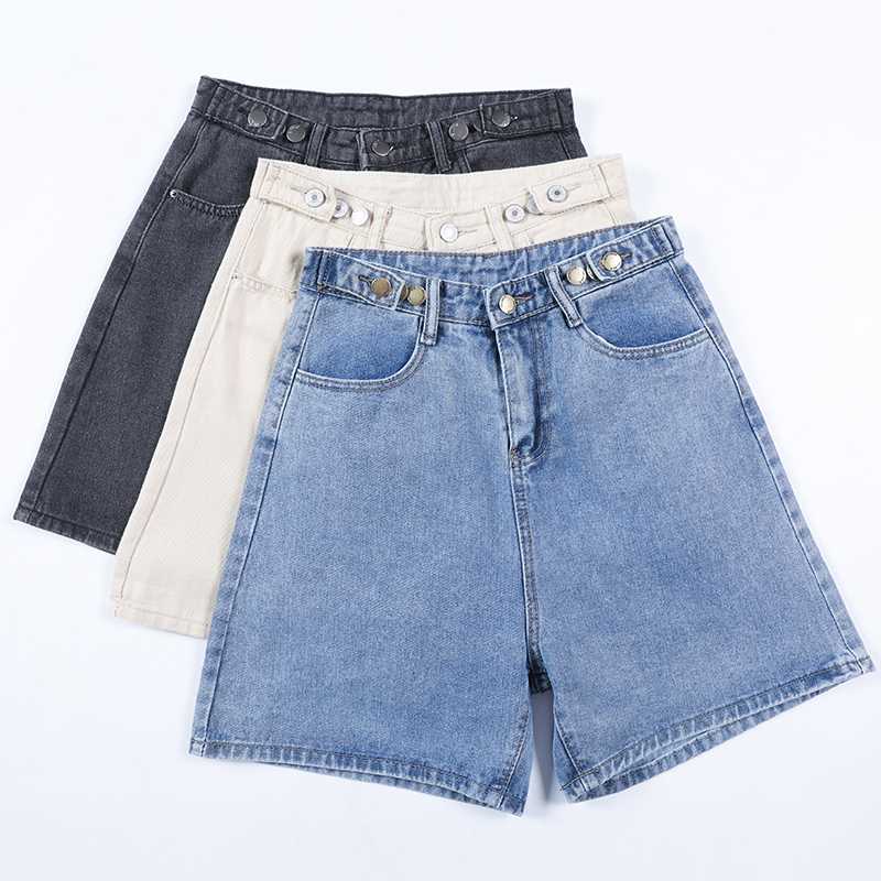 

Ailegogo 2020 New Summer Women Button Wigh Leg Jeans Shorts Casual Female High Waist Loose Fit Blue Denim Shorts