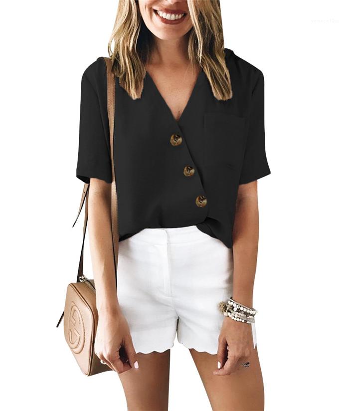 

Famale Solid Color Clothes Women V Neck Button Blouses Slim Fit Short Sleeve Shirts