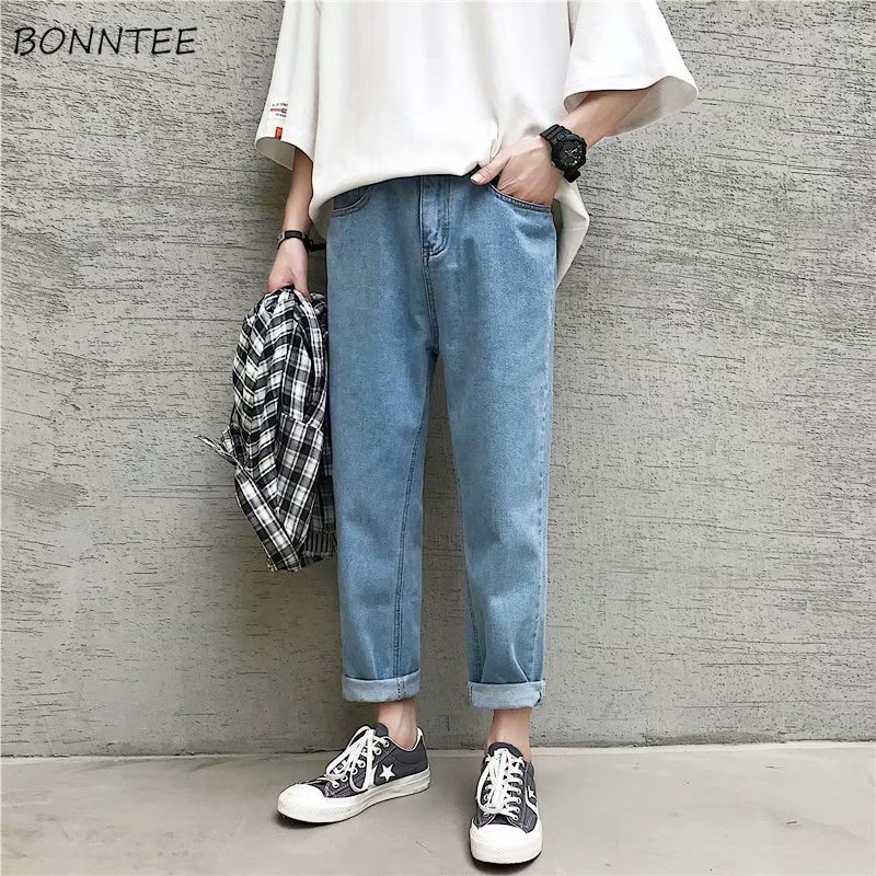 

Jeans Men Straight Trousers Summer Large Size 4XL Solid Ankle-length Simple All-match Mens Leisure Korean Style Harajuku, Light blue